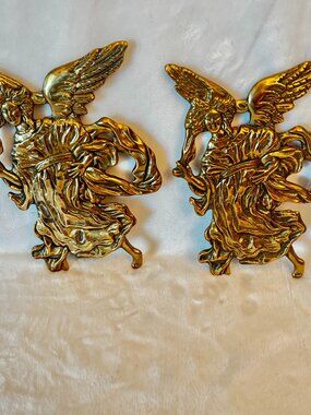 Mann 1986 MCM Brass Angel 7.5" Set of 2 Gold Tone Trivet Hot Plate Taiwan